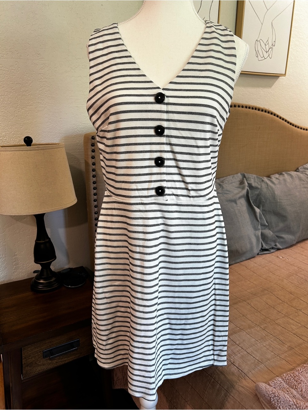 LOFT Sleeveless V-Neck Striped Mini Dress in White and Black